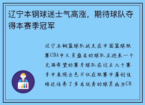 辽宁本钢球迷士气高涨，期待球队夺得本赛季冠军